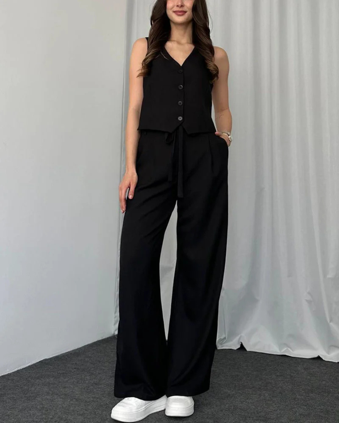 Conjunto de duas peças de colete e calças com cintura ajustável