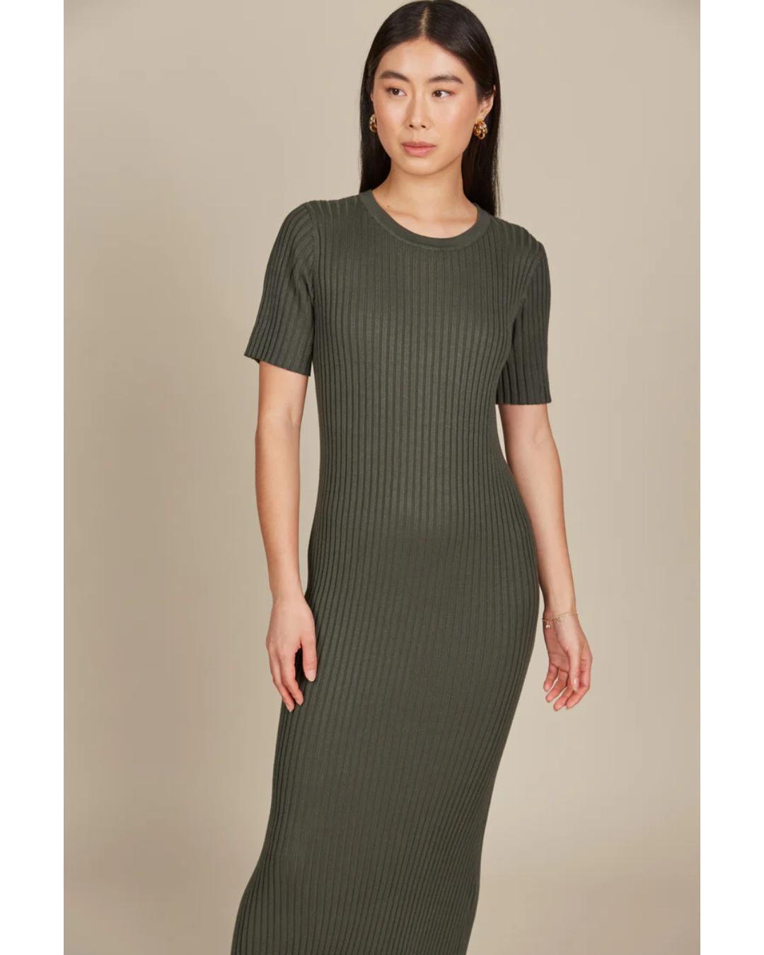 Vestido Comprido de Manga Curta com Canelado para Mulher