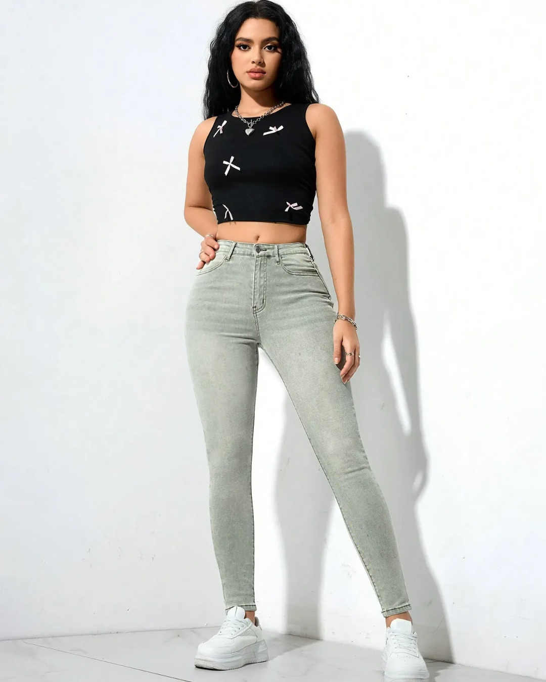 Calças de ganga clássicas de cintura alta para mulher