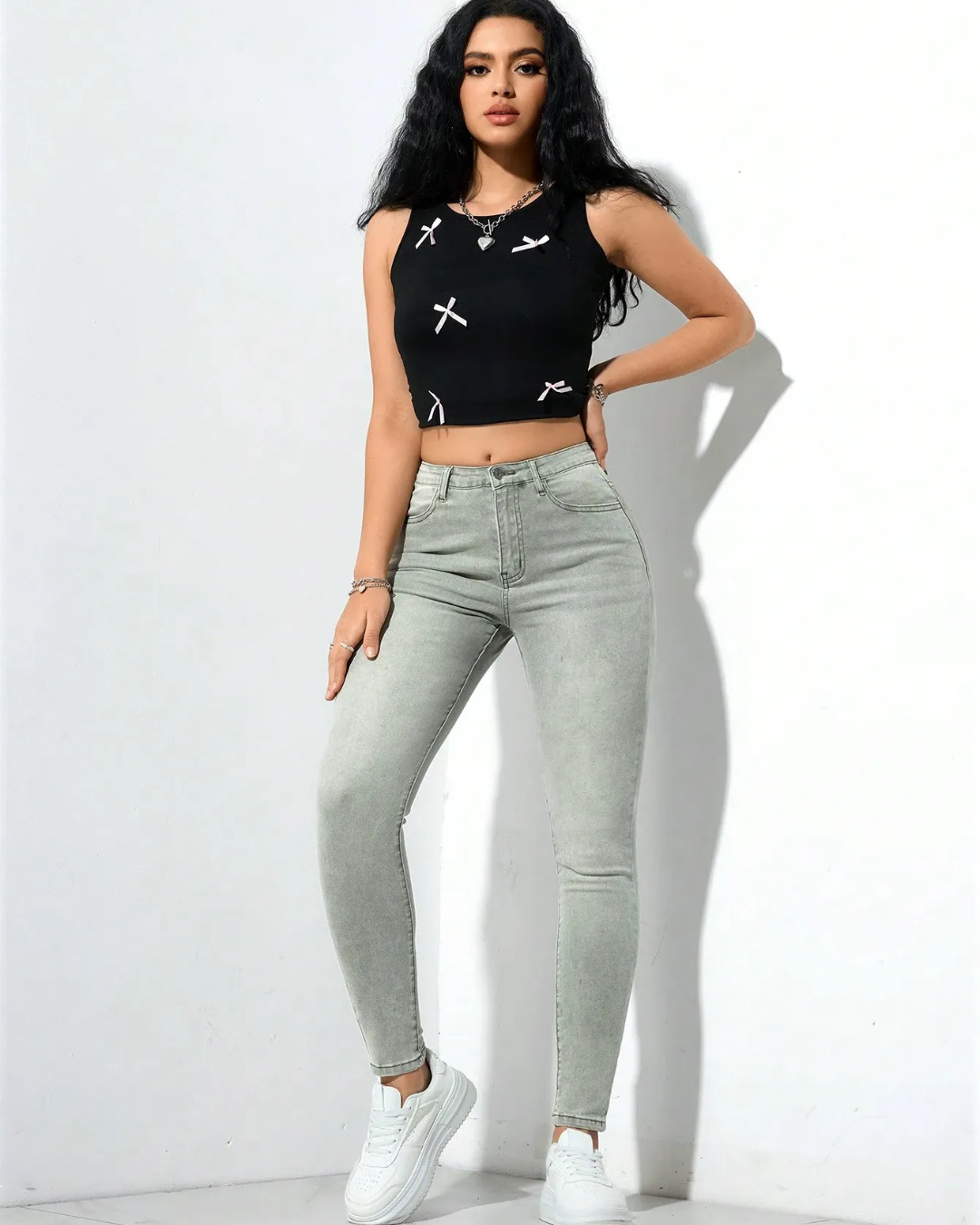 Calças de ganga clássicas de cintura alta para mulher