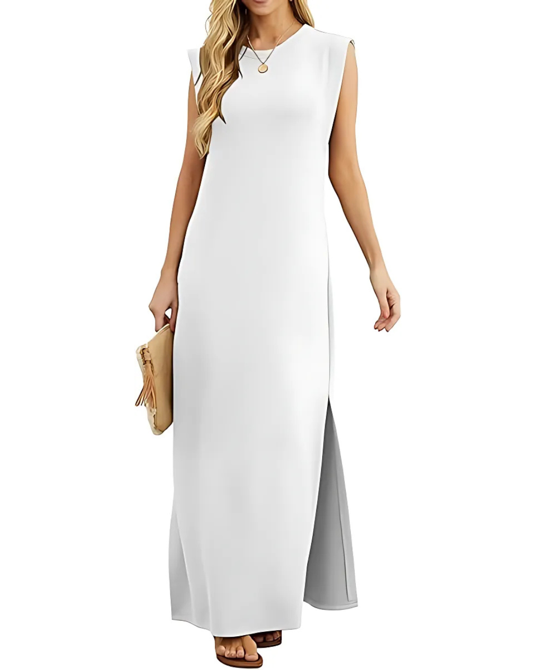 Vestido comprido e solto com bolsos laterais