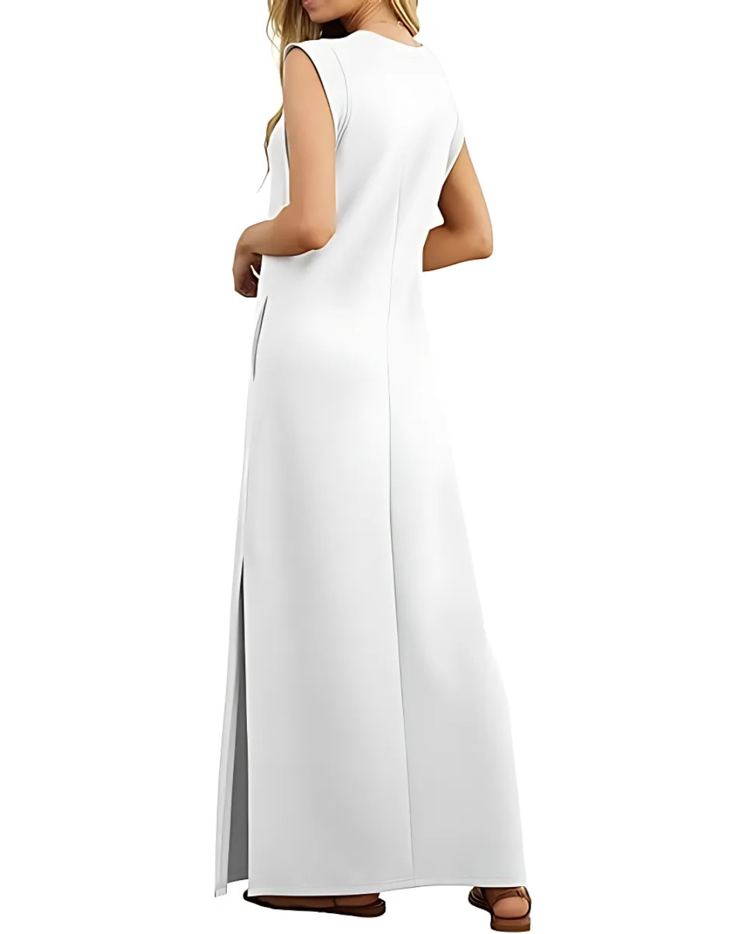 Vestido comprido e solto com bolsos laterais