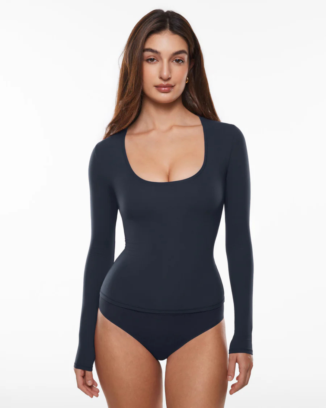 Blusa de Manga Comprida com Decote em U Profundo e Suave