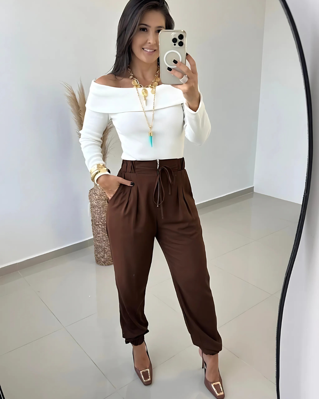 Calças Jogger de Bombazina com Cintura Elástica para Mulher