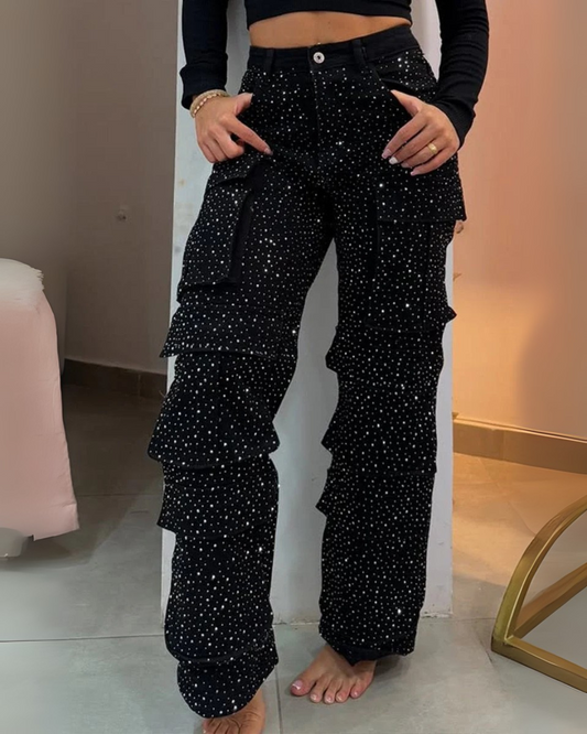 Calças largas com folhos e brilhos para mulher