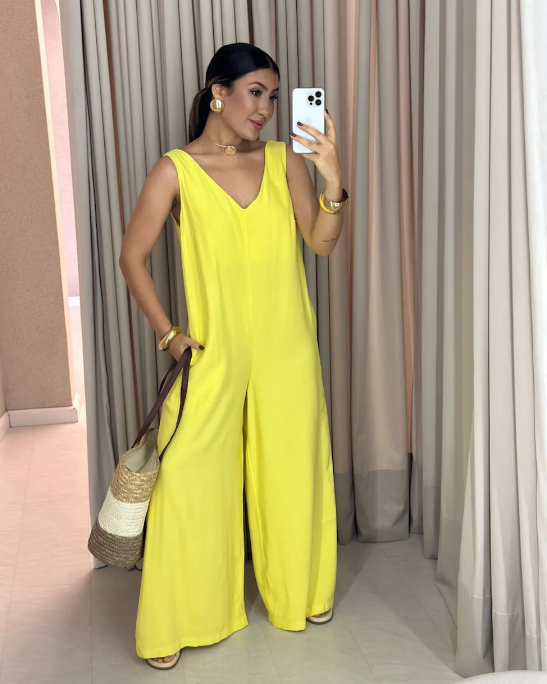 Macacão Casual de Cor Lisa com Decote em V para Mulher