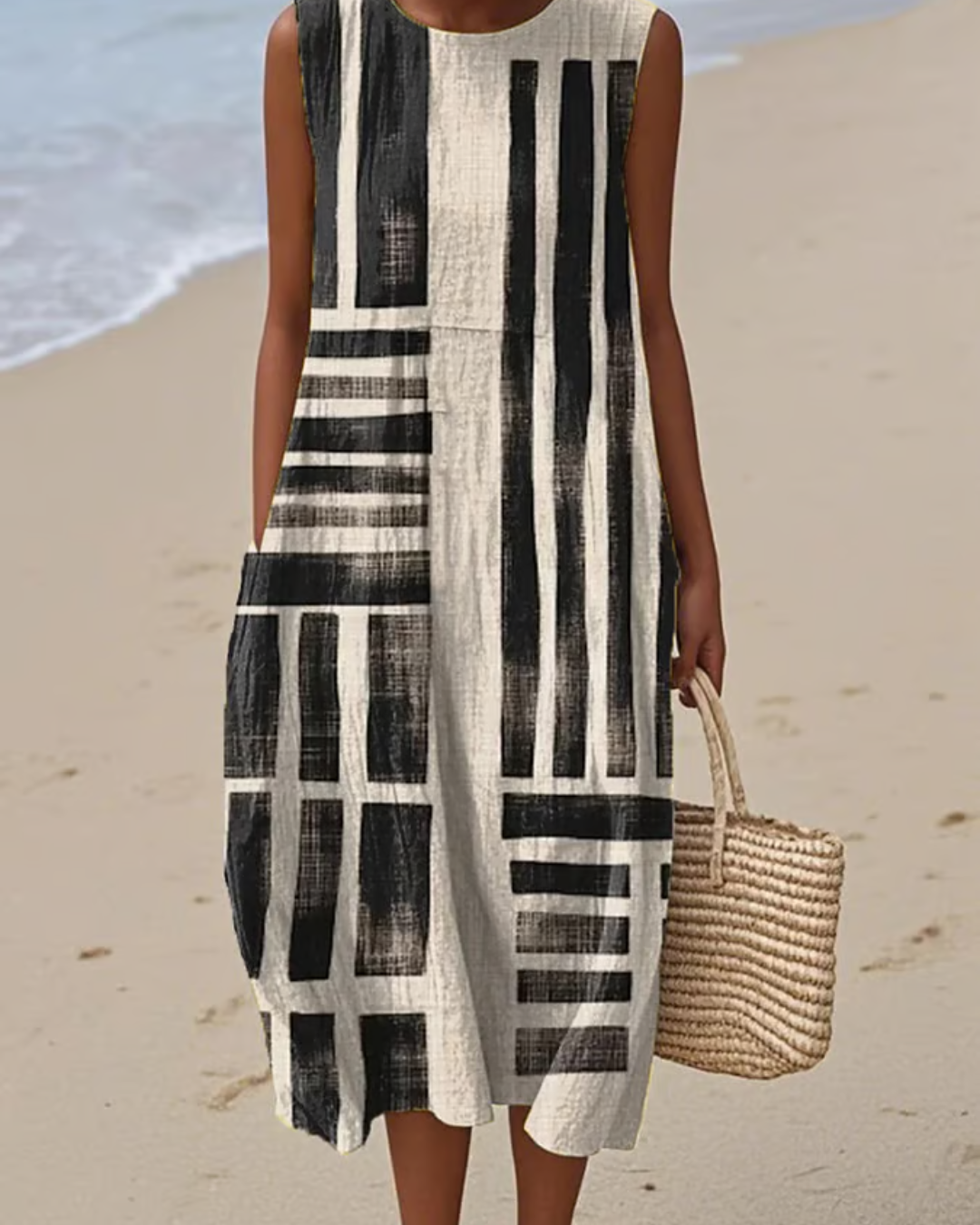 Vestido casual de algodão e linho para mulher