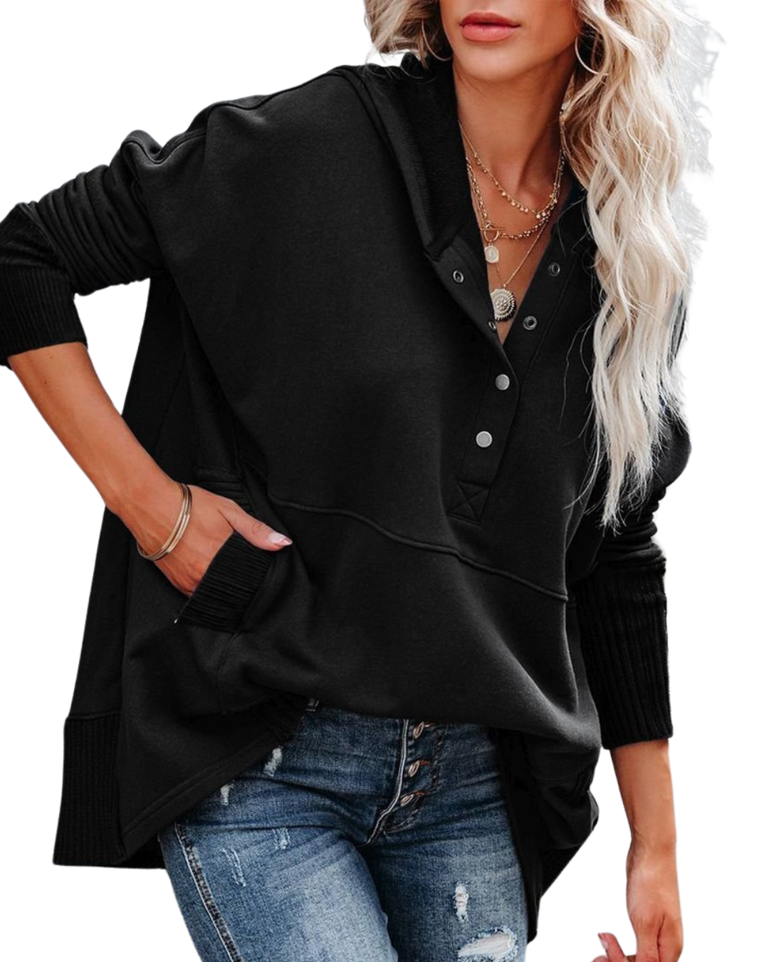 Camisola de Manga Comprida de Tamanho Grande com Decote em V e Botões