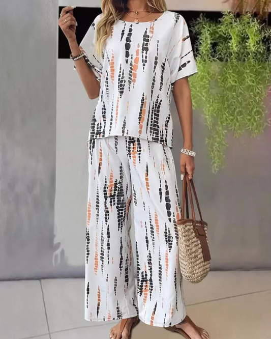 Conjunto casual de duas peças para mulher com estilo boémio e gola redonda