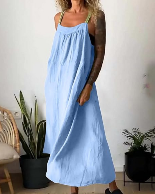 Vestido comprido com alças finas de linho