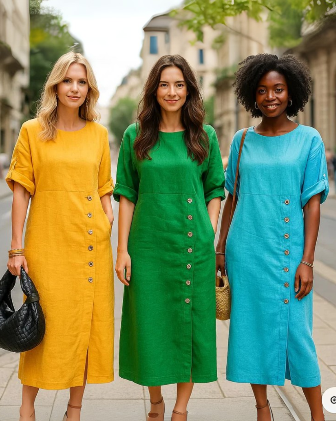 Vestido de Linho com Botões Laterais e Abertura Sofisticada