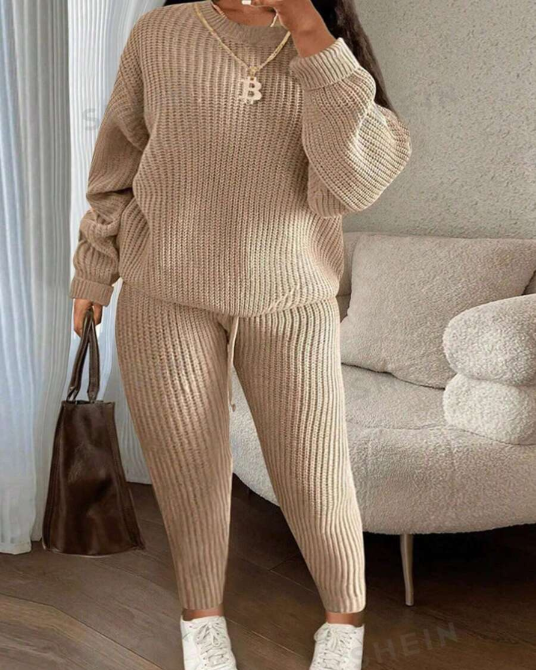 Conjunto Casual de Camisola de Manga Comprida com Gola Redonda e Calças Unicolores