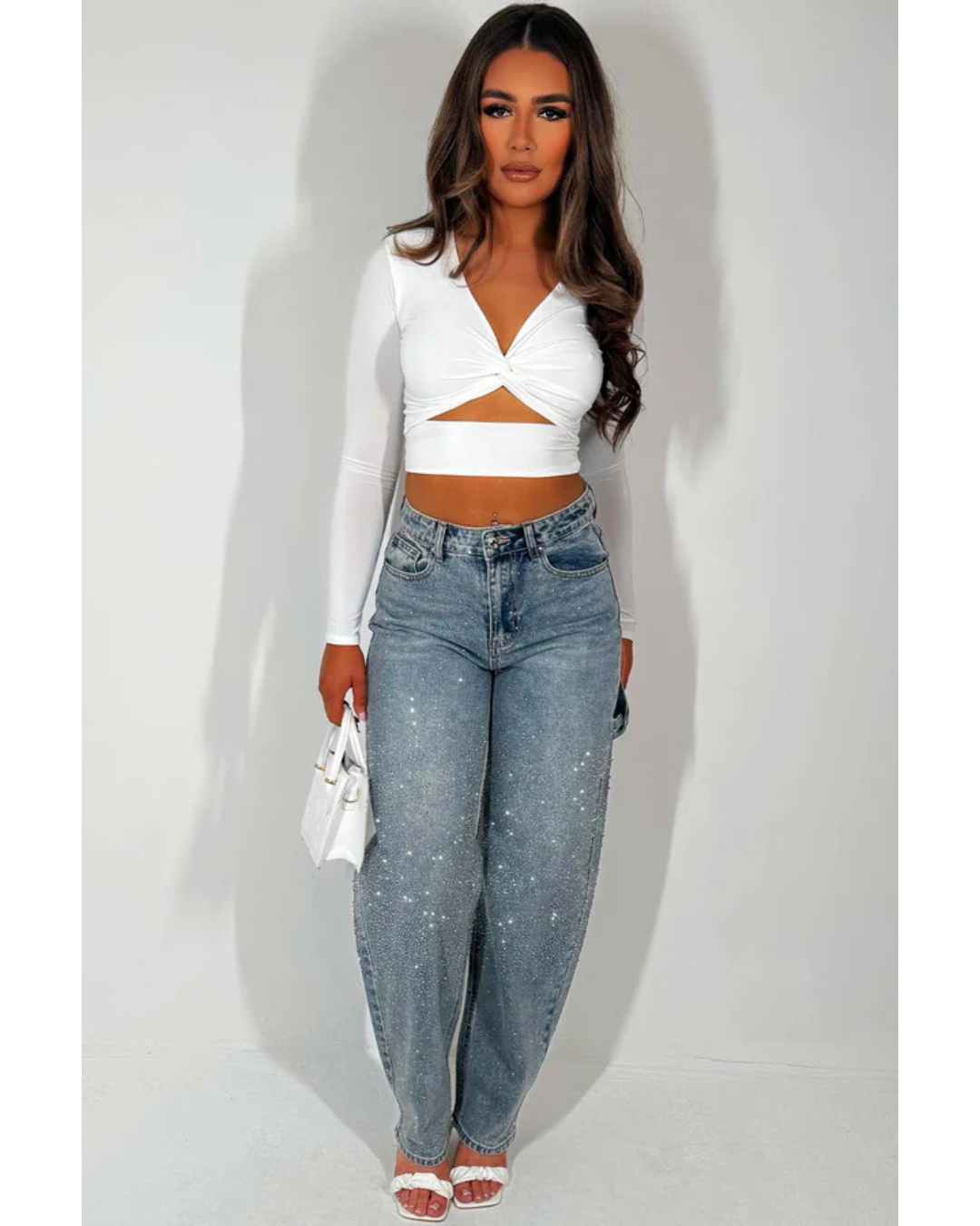 Calças de Ganga Largas com Pormenores de Diamantes e Estilo Cargo