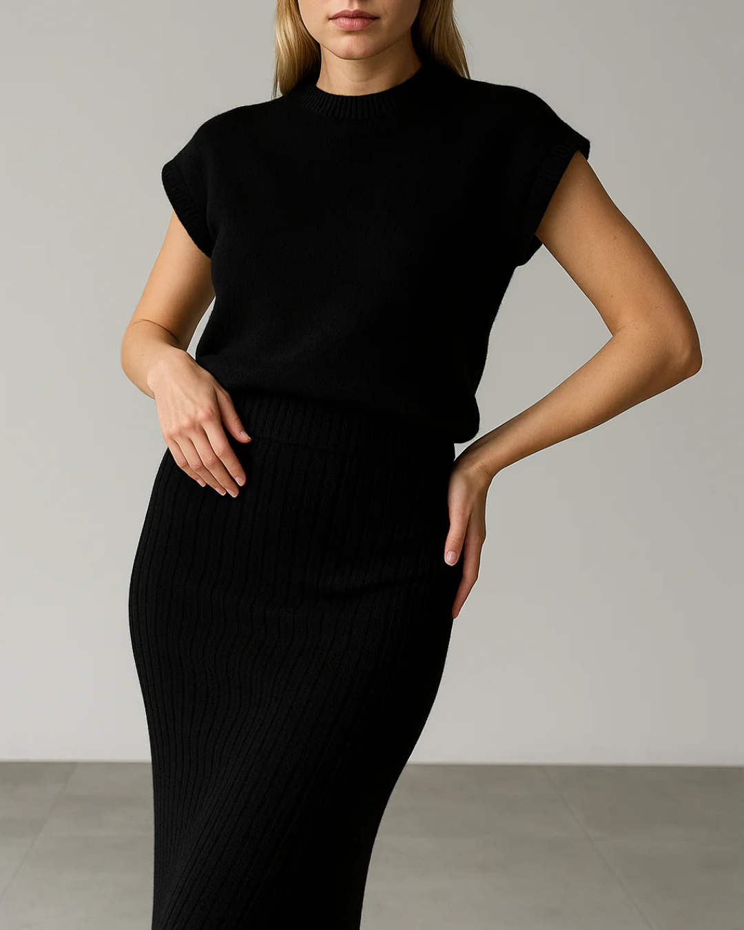 Conjunto de top sem mangas e saia longa justa para mulher