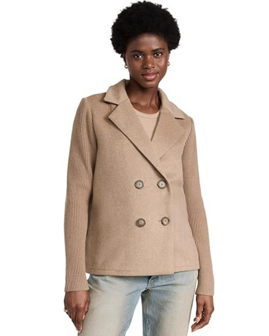 Casaco Casual de Mulher com Lapela, Botões e Mangas Combinadas, com Bolsos Laterais