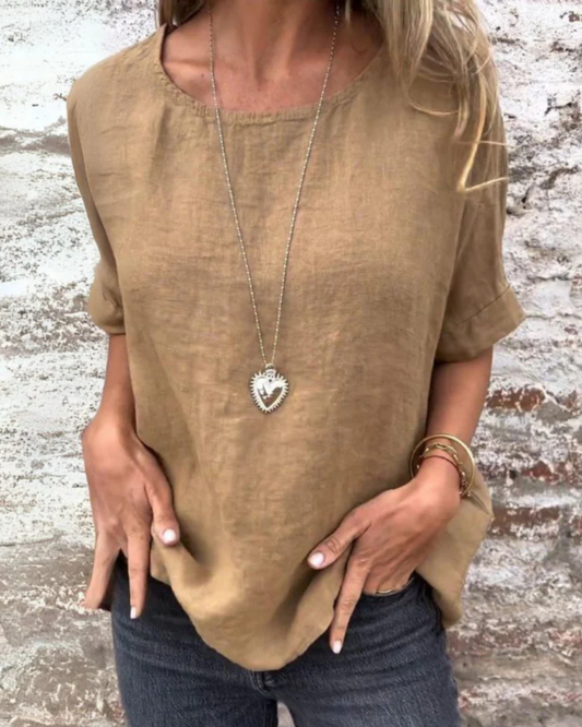 T-shirt casual de manga curta com gola redonda para mulher