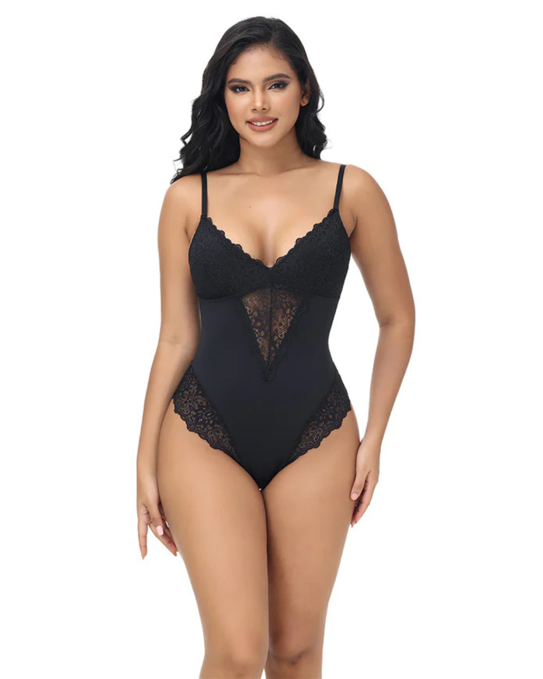 Body Modelador de uma Peça em Renda, sem Mangas, com Alças Finas para Mulher