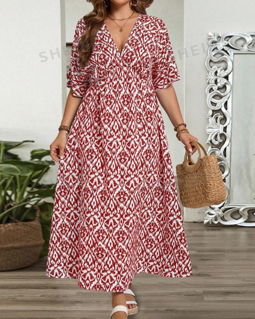 Vestido Comprido Cruzado com Decote em V e Estampado Boémio Casual