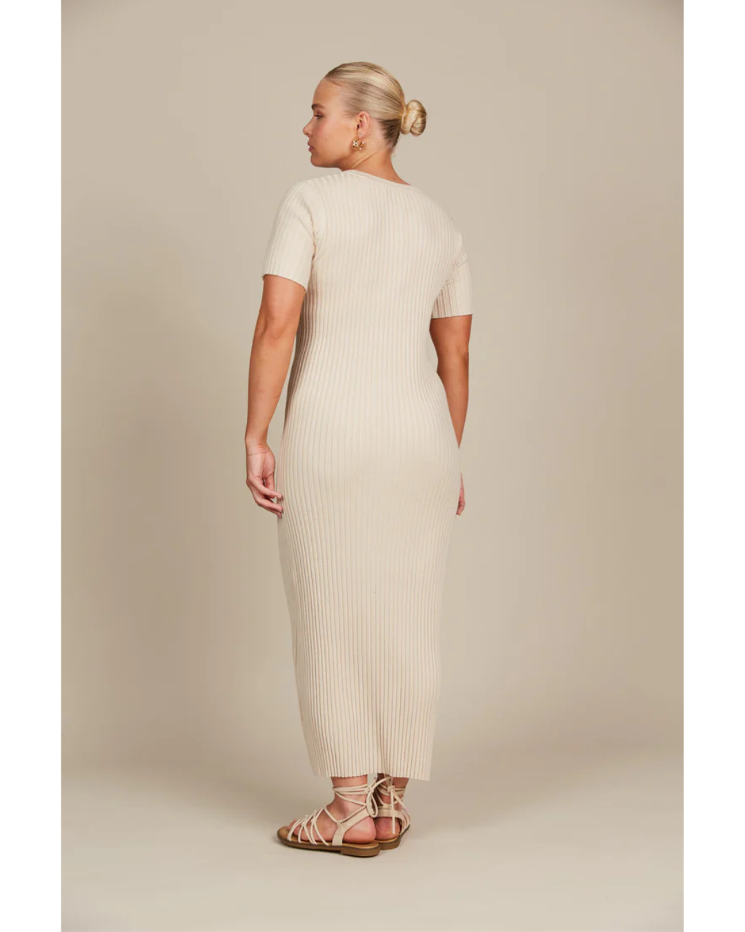 Vestido Comprido de Manga Curta com Canelado para Mulher