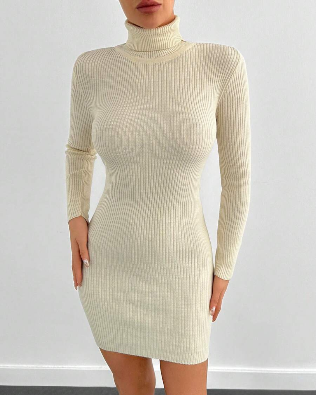 Jersey de Gola Alta de Manga Comprida para Mulher, de Corte Justo, em Unicolor