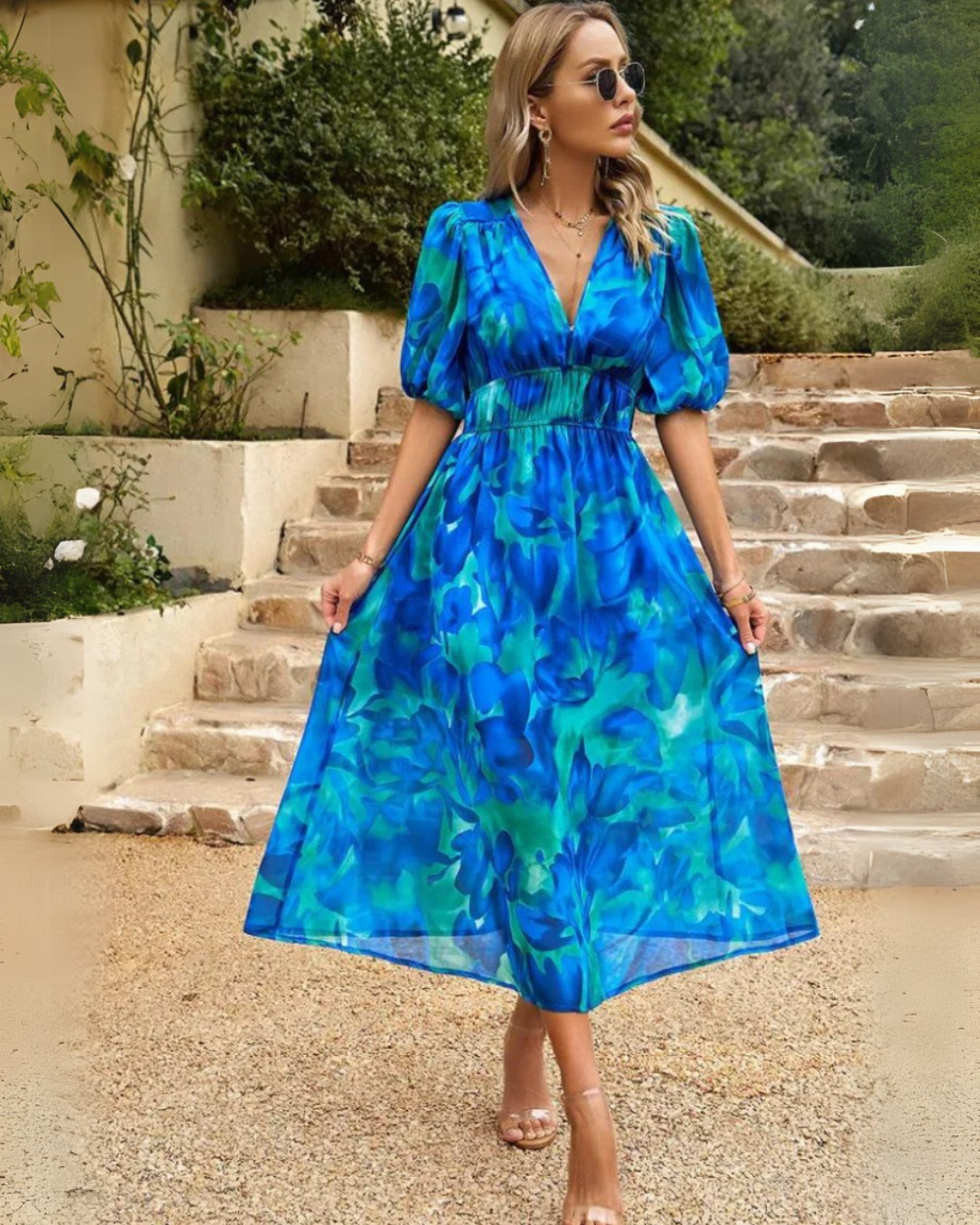 Vestido elegante com estampado floral e decote em V