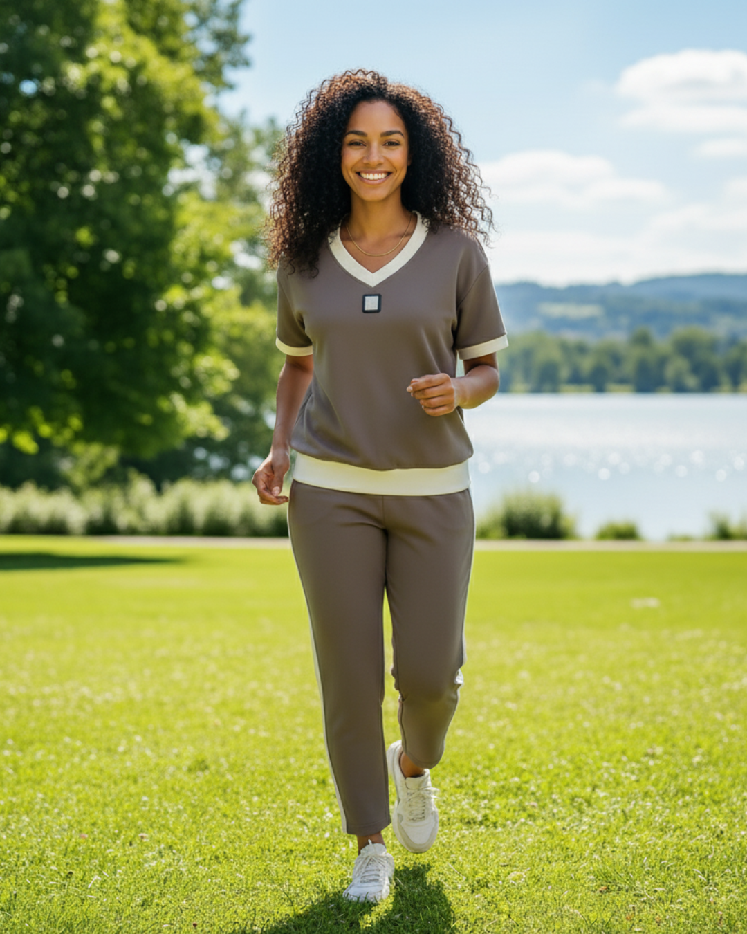 Conjunto elegante de top e calças com decote em V