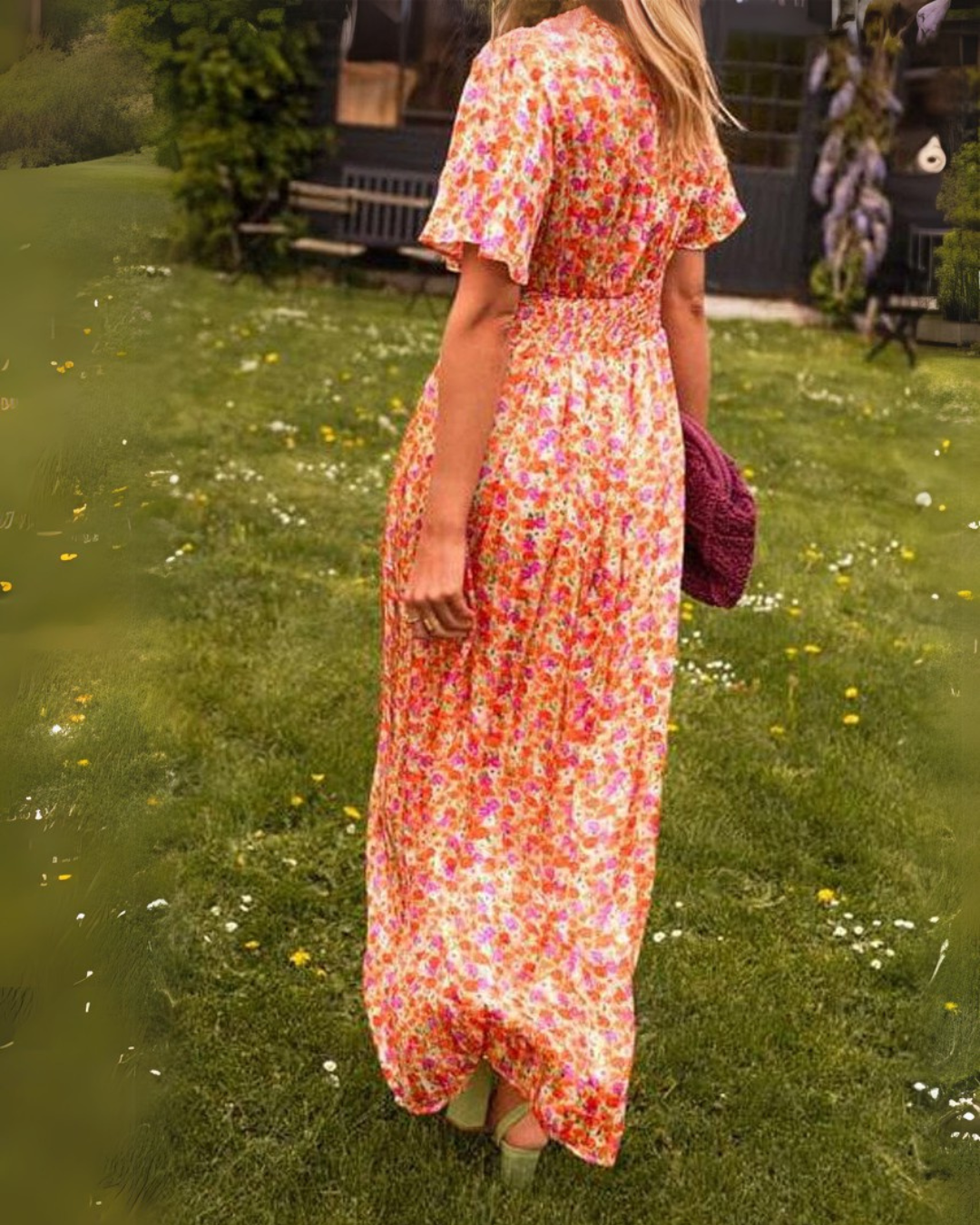 Vestido Comprido Floral com Decote em V e Cintura Franzida