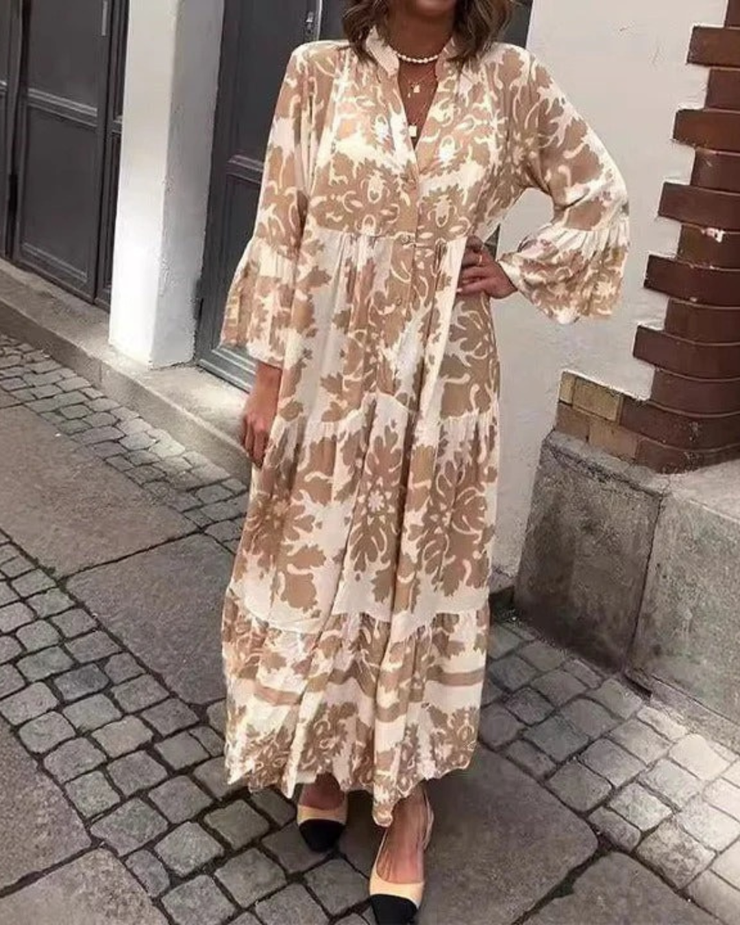 Vestido comprido estilo Boho com mangas compridas e folho escalonado