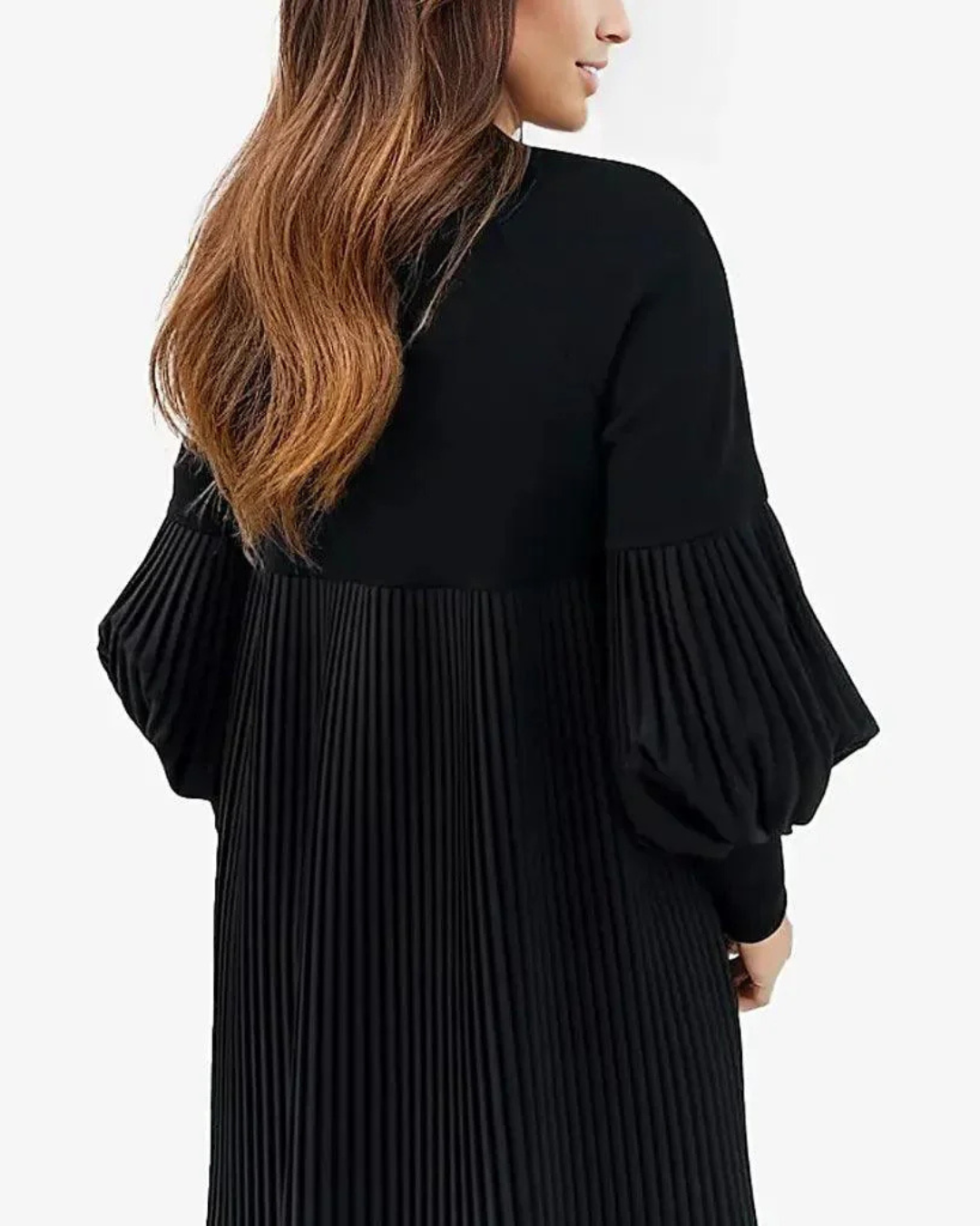 Vestido com mangas farol e gola alta para mulher