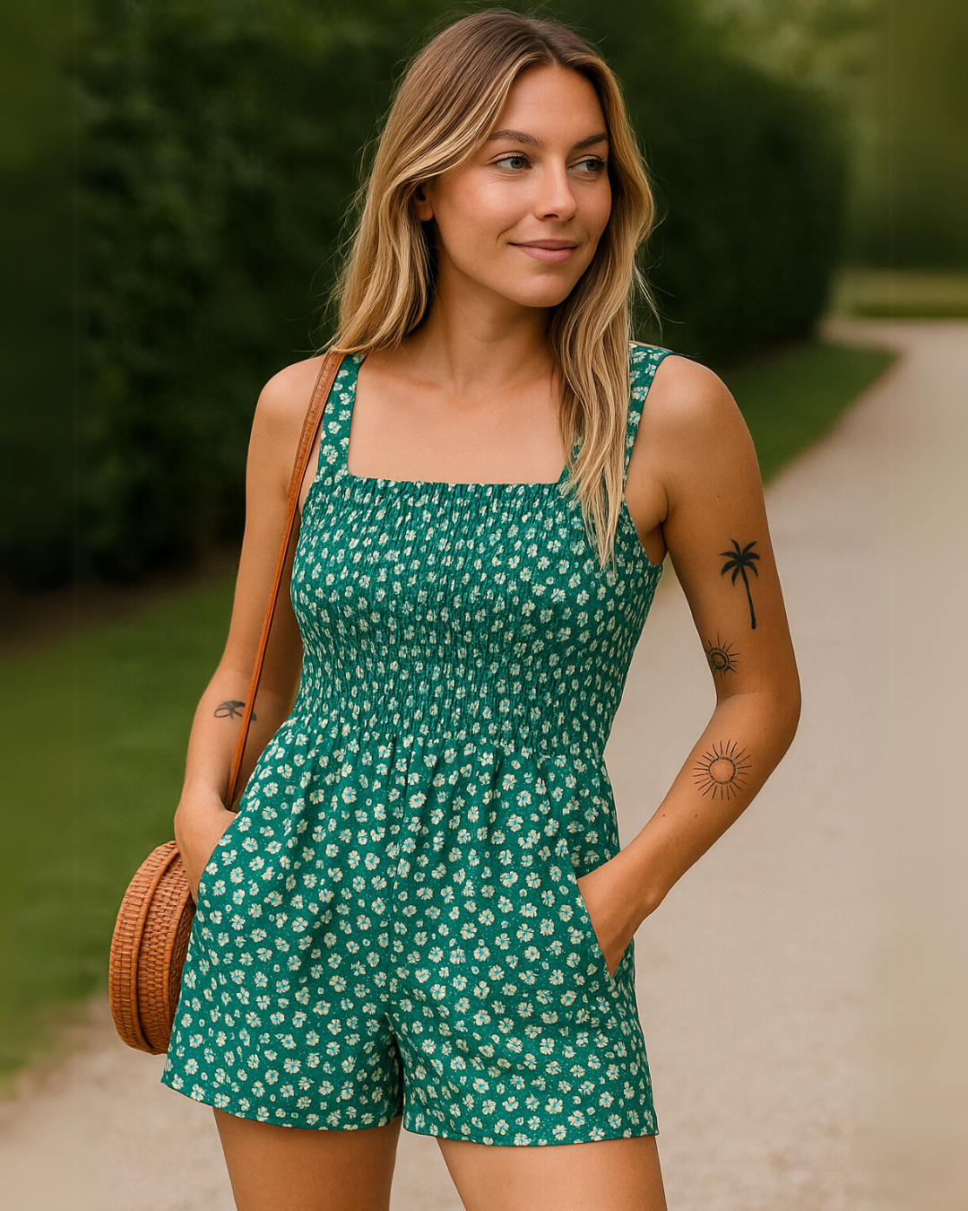 Macacão curto casual sem mangas e com decote quadrada para mulher