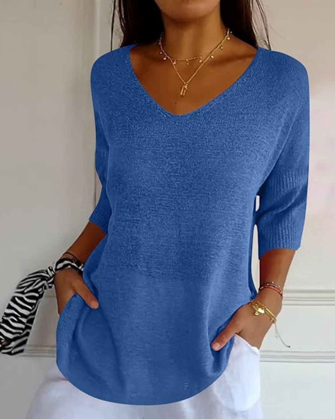 Blusa de Malha Leve de Manga Francesa com Decote em V para Mulher