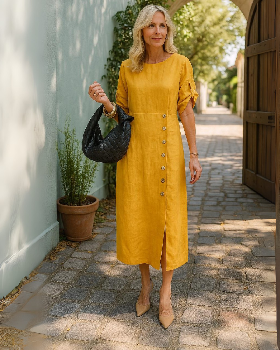 Vestido de Linho com Botões Laterais e Abertura Sofisticada