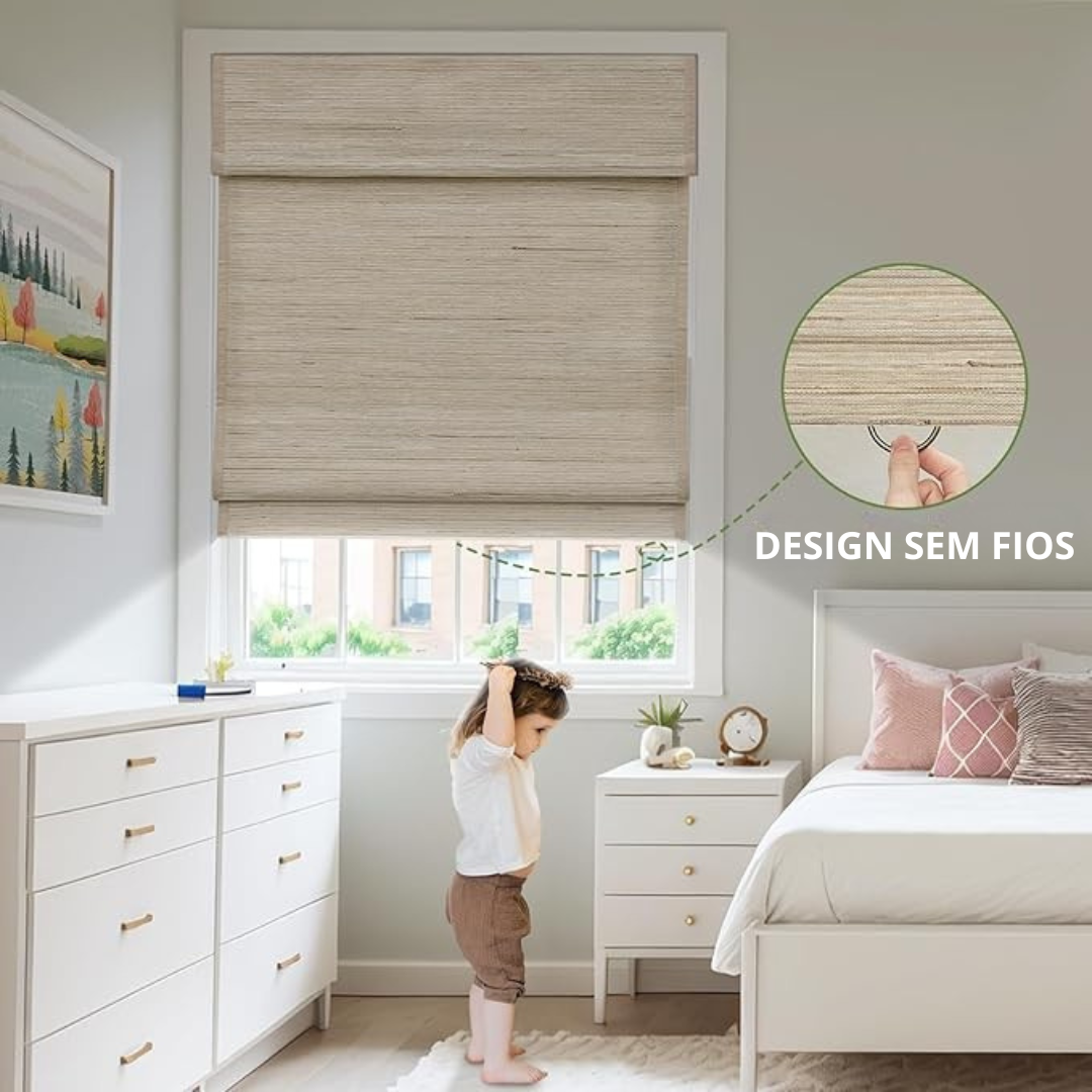 Persianas Romanas Sem Fios e Sem Ferramentas em Linho e Bambu  (Dimensões 254 cm de comprimento x 254 cm de largura)