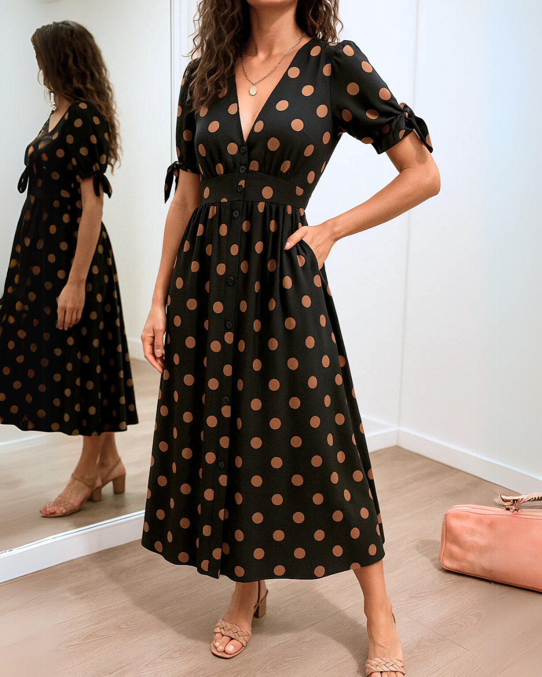 Vestido de bolinhas com decote em V cruzado