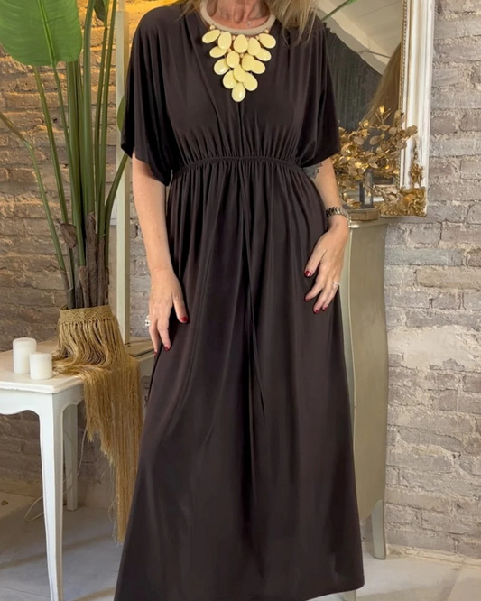 Vestido comprido de manga curta com decote em V