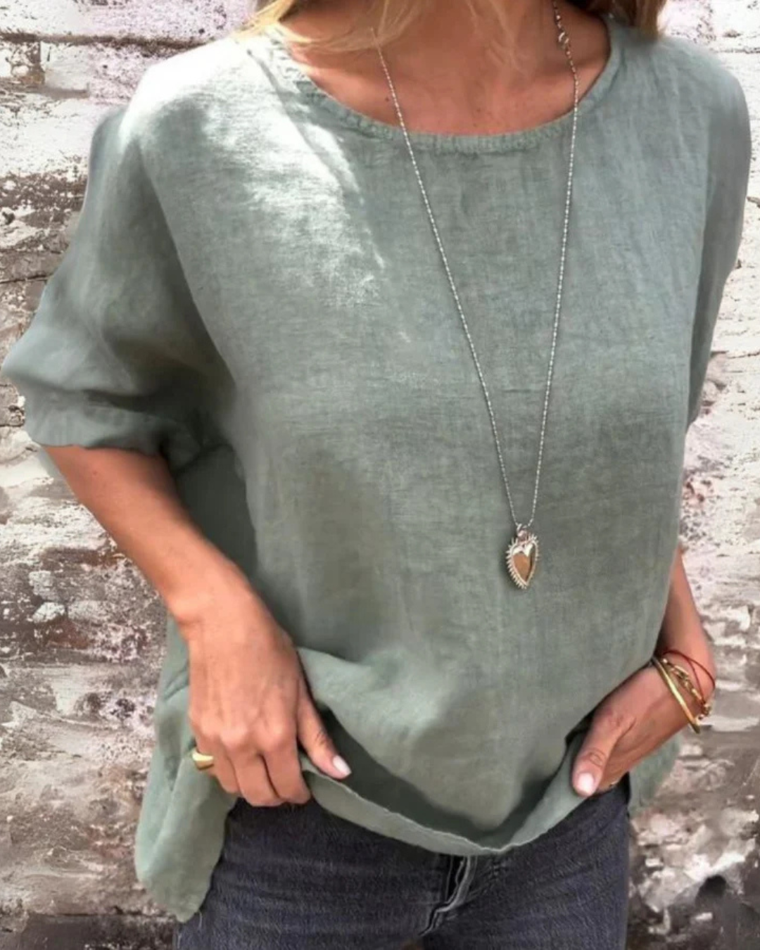 T-shirt casual de manga curta com gola redonda para mulher