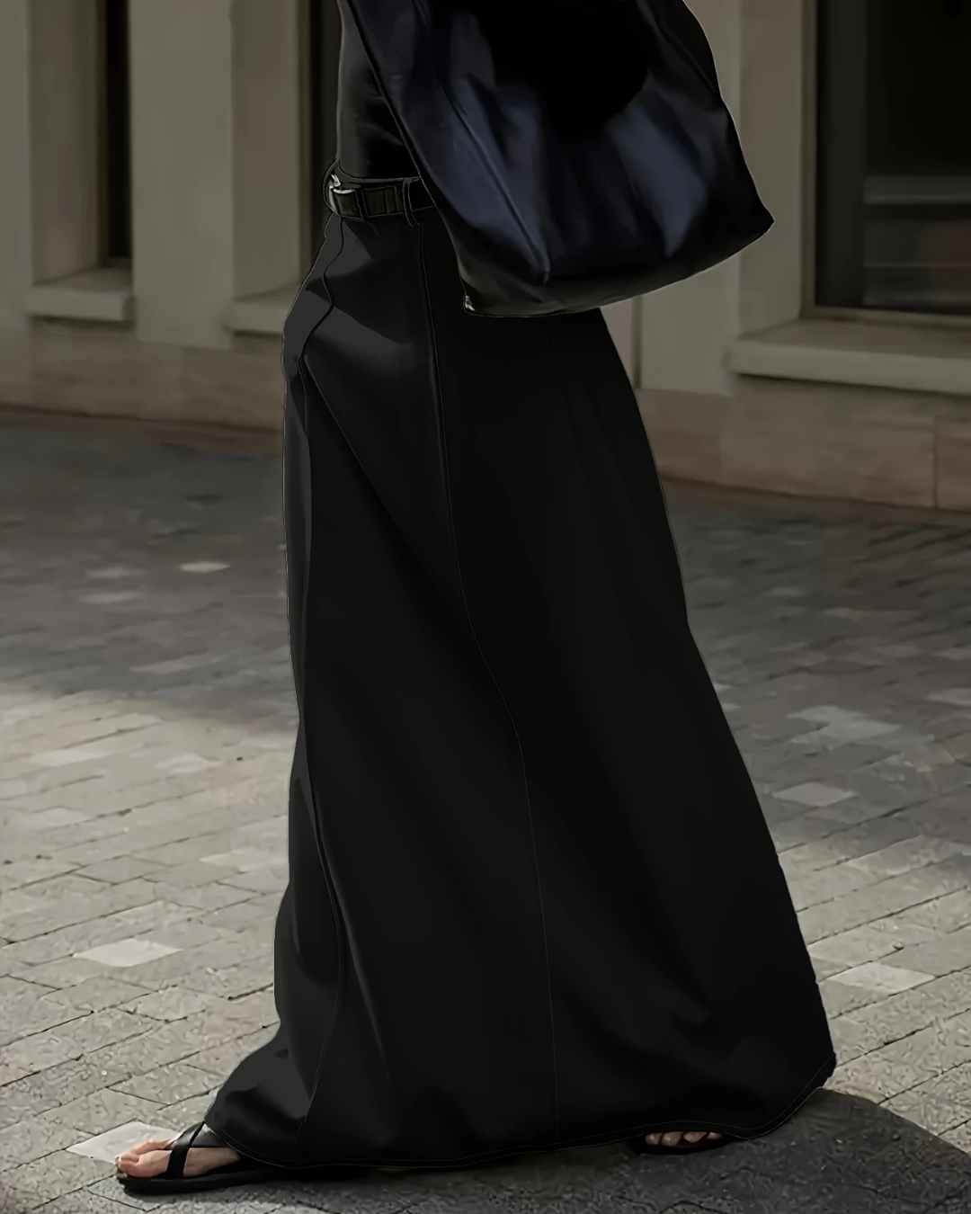 Saia comprida com cintura alta e bolsos