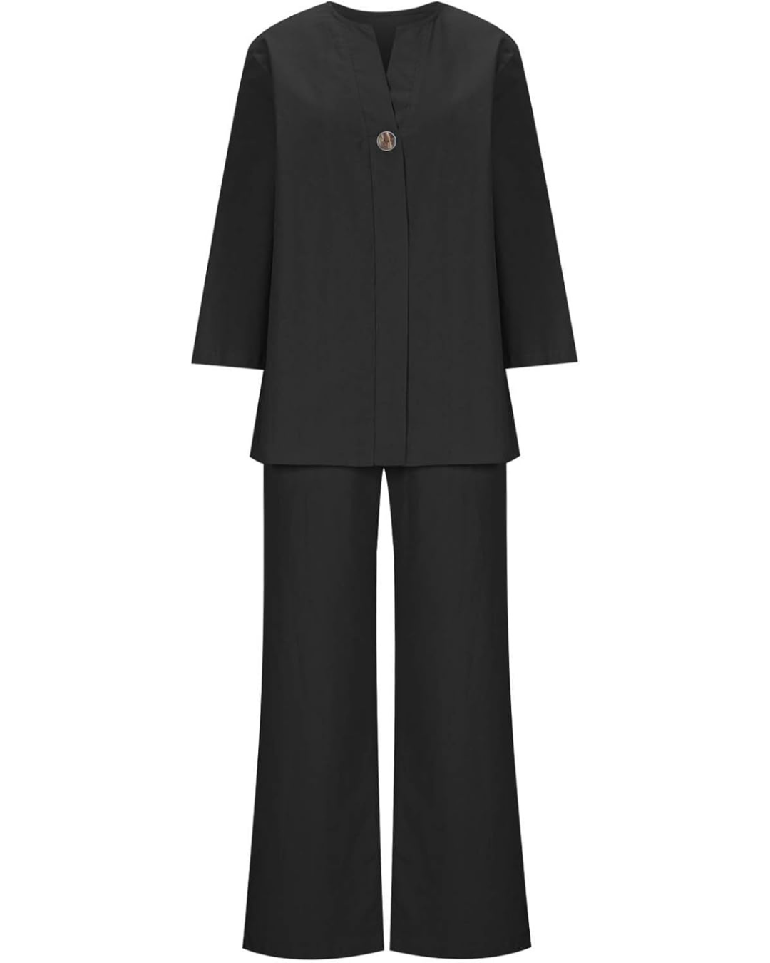 Conjunto casual feminino de duas peças em algodão e linho com decoração de botões