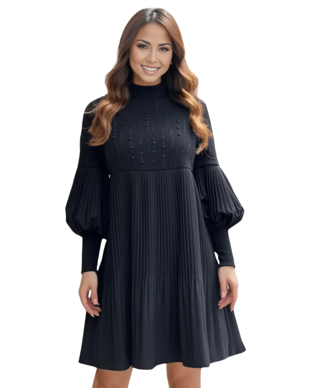 Vestido Elegante com Mangas Bufantes e Detalhes Plissados