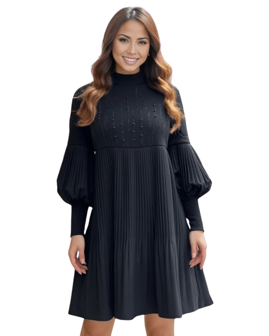 Vestido Elegante com Mangas Bufantes e Detalhes Plissados