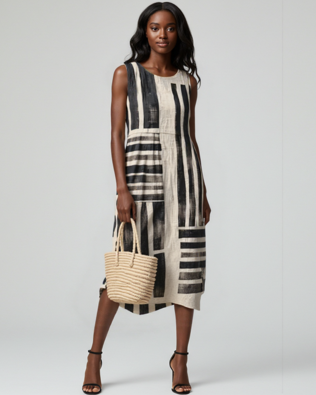 Vestido casual de algodão e linho para mulher