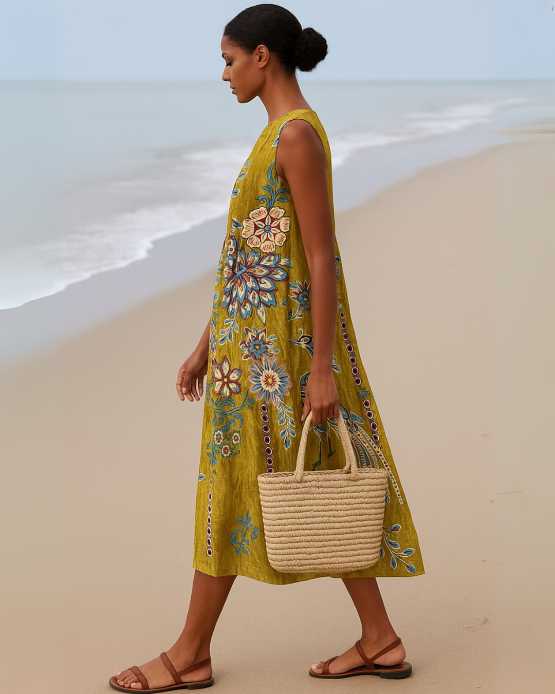 Vestido sem mangas com estampado floral vintage para mulher