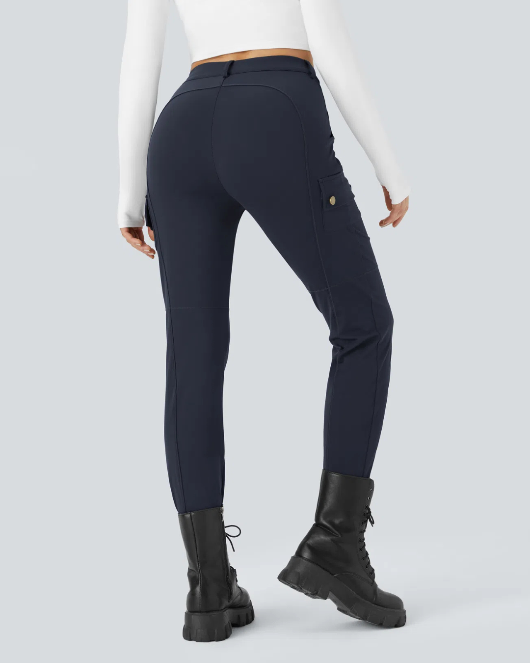 Calças de Passeio Lisas e Ajustadas com Cintura Alta e Vários Bolsos para Mulher