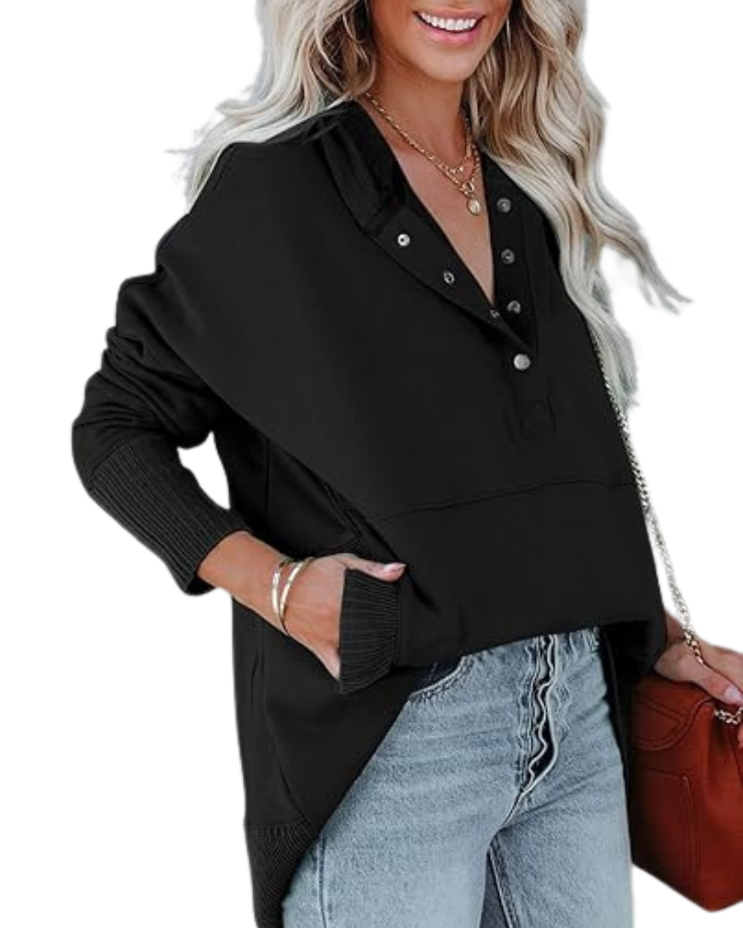 Camisola de Manga Comprida de Tamanho Grande com Decote em V e Botões