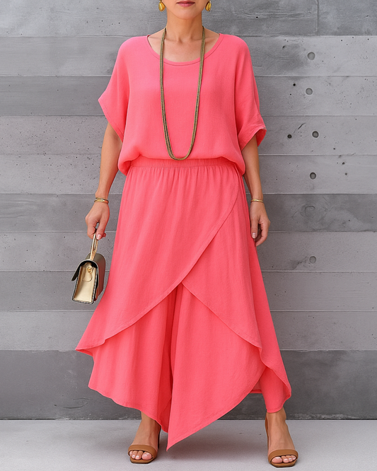 Conjunto de 2 peças com blusa folgada e calças largas com fenda