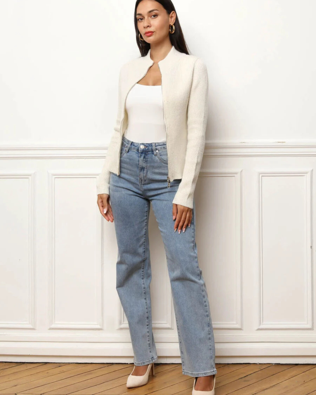 Pulôver de Manga Comprida com Fecho à Frente para Mulher