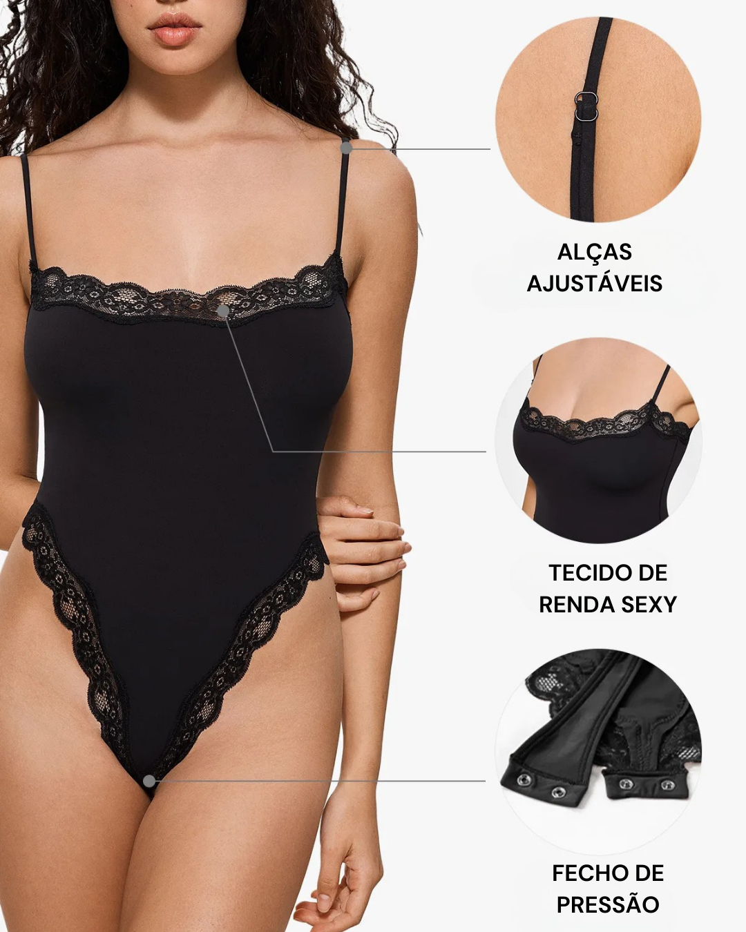 Body Tanga com Decote Quadrado e Abertura nas Virilhas com Debrum de Renda