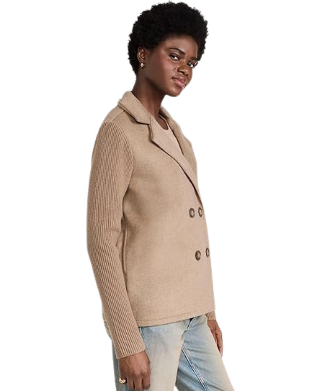 Casaco Casual de Mulher com Lapela, Botões e Mangas Combinadas, com Bolsos Laterais