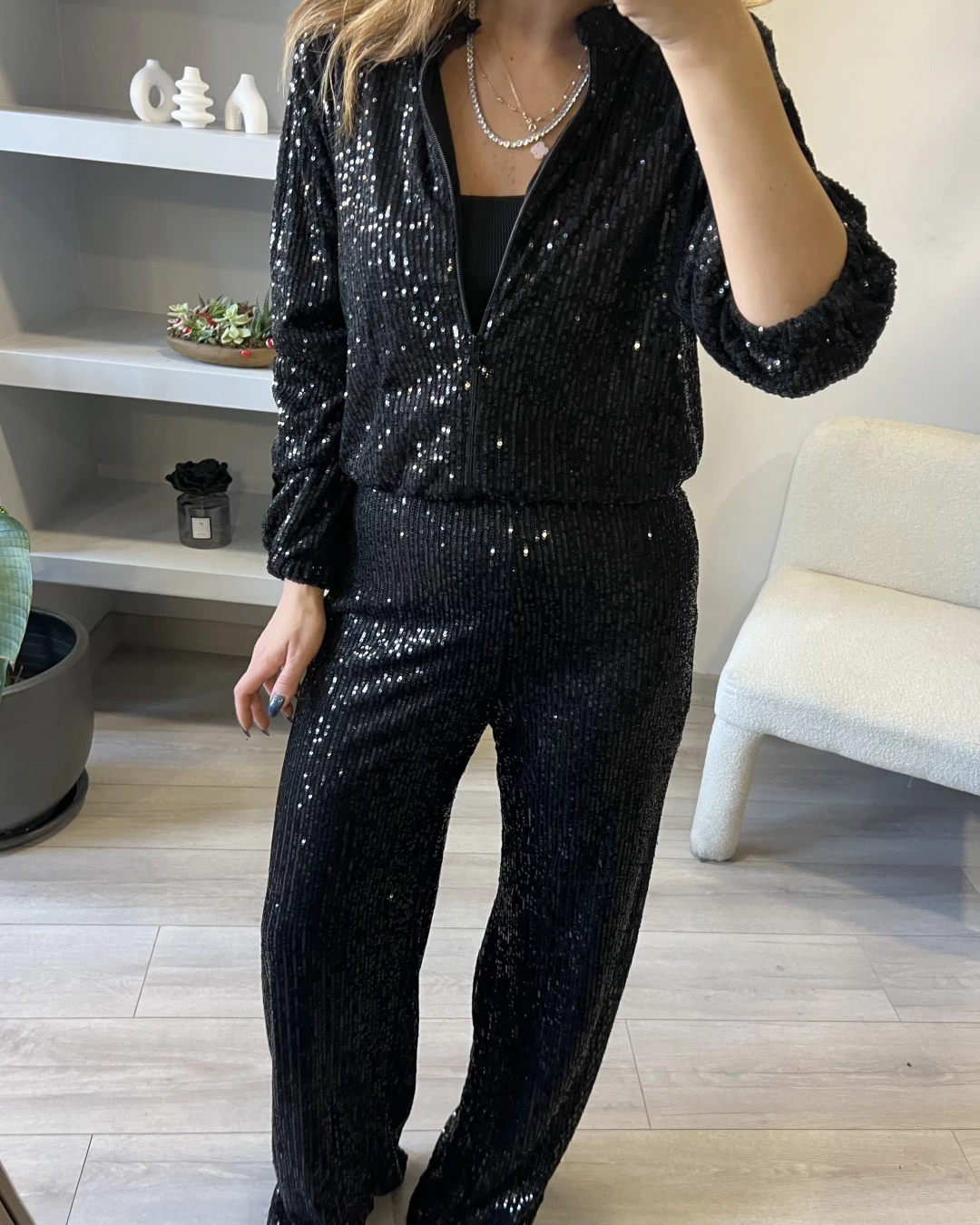 Conjunto Casual Feminino de Lantejoulas com Gola Redonda, Fecho de Correr e Calças