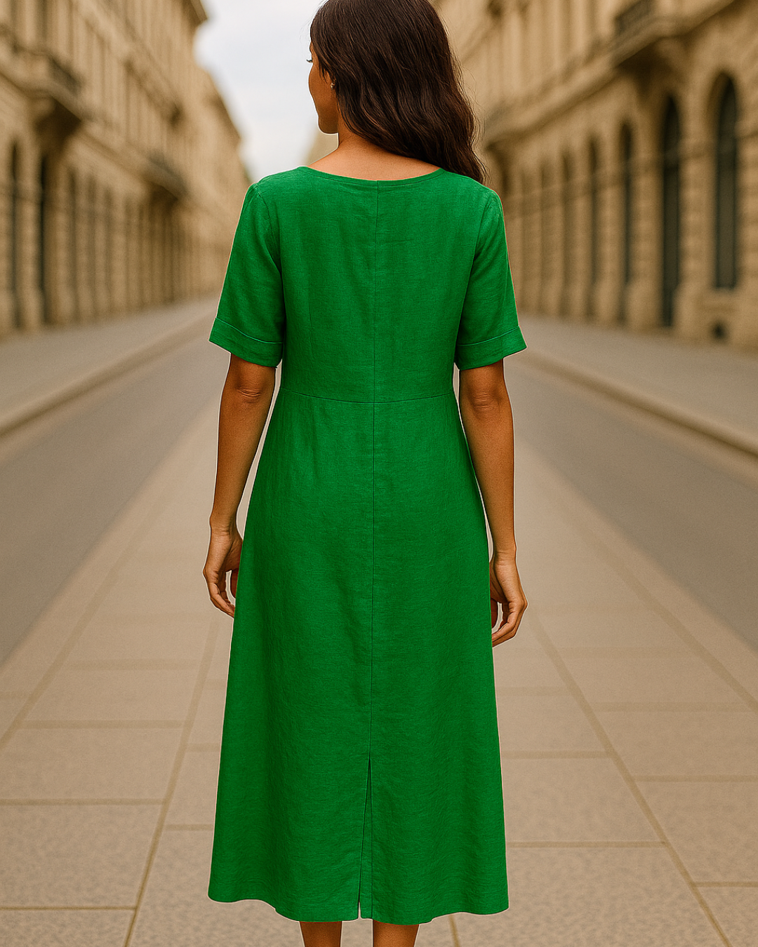 Vestido de Linho com Botões Laterais e Abertura Sofisticada